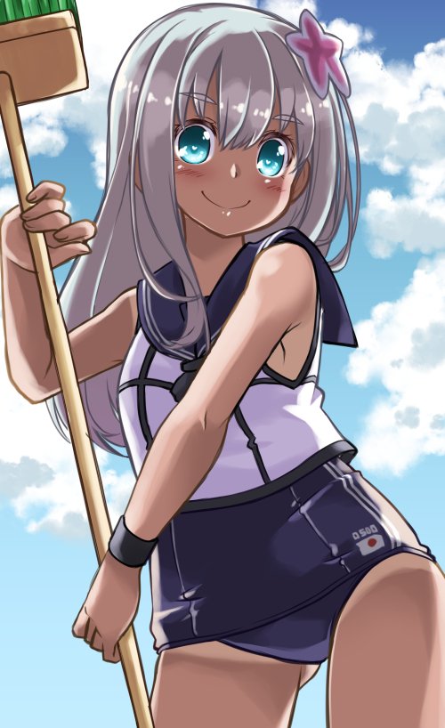 1girl ass_visible_through_thighs bangs bare_shoulders blue_eyes blue_sky blush bracelet breasts broom closed_mouth clouds collarbone commentary_request crop_top day eyebrows_visible_through_hair flower gin_(shioyude) hair_between_eyes hair_flower hair_ornament holding holding_broom jewelry kantai_collection long_hair looking_at_viewer one-piece_swimsuit one-piece_tan outdoors ro-500_(kantai_collection) sailor_collar school_swimsuit sky smile solo standing swimsuit swimsuit_under_clothes tan tanline white_hair