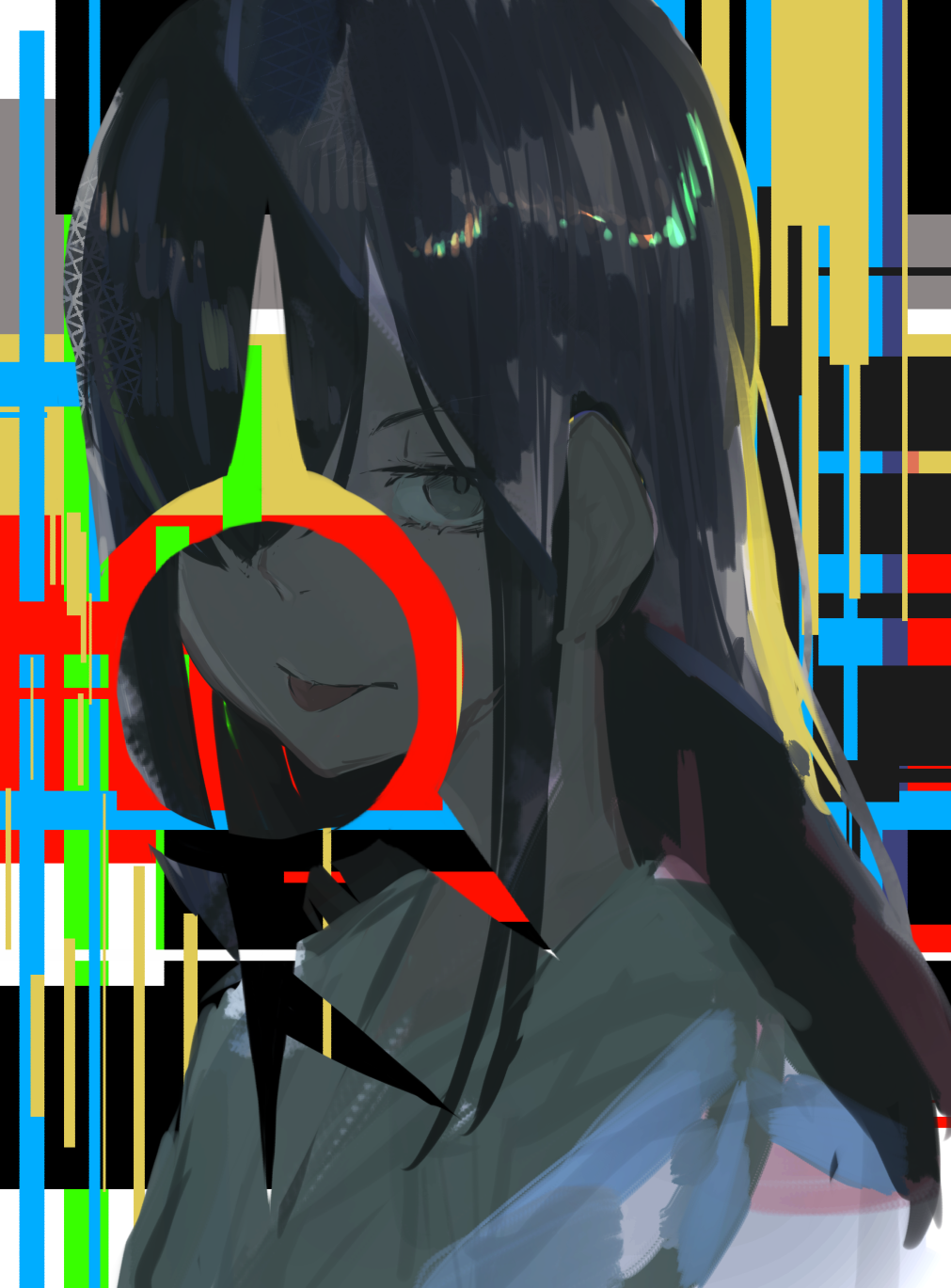 1girl bangs black_hair black_jacket closed_mouth eyebrows_visible_through_hair grey_eyes hair_over_one_eye highres jacket kuronoiparoma long_hair original sidelocks solo tongue tongue_out upper_body