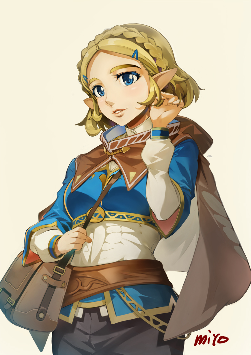 bag blonde_hair blue_eyes braid cape hair_ornament hairpin hood long_sleeves messenger_bag miyo_(13th_floor) pointy_ears princess_zelda short_hair shoulder_bag the_legend_of_zelda the_legend_of_zelda:_breath_of_the_wild triforce