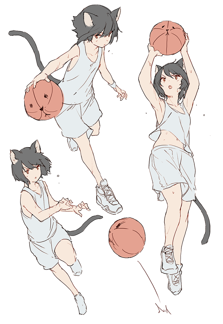 1girl animal_ears ball basketball black_hair jumping mogumo multiple_views original shoes short_hair sketch sneakers sportswear tail tank_top white_background