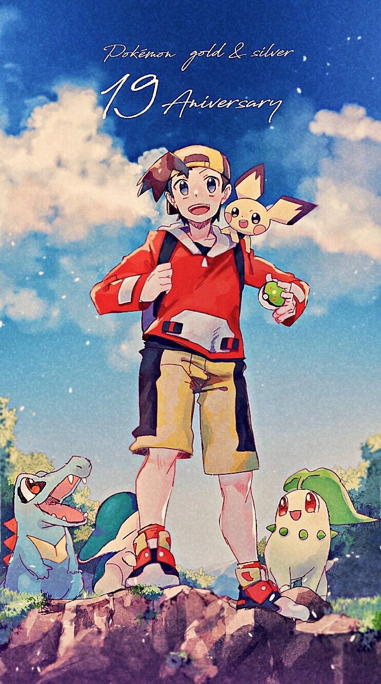 1boy :d blue_eyes blue_sky chikorita clouds collarbone cyndaquil day friend_ball gen_2_pokemon gold_(pokemon) highres holding holding_poke_ball hood hood_down hooded_sweater looking_away mu_acrt open_mouth outdoors pichu poke_ball pokemon pokemon_(creature) pokemon_(game) pokemon_gsc pokemon_on_shoulder red_sweater shorts sky smile sweater totodile yellow_shorts