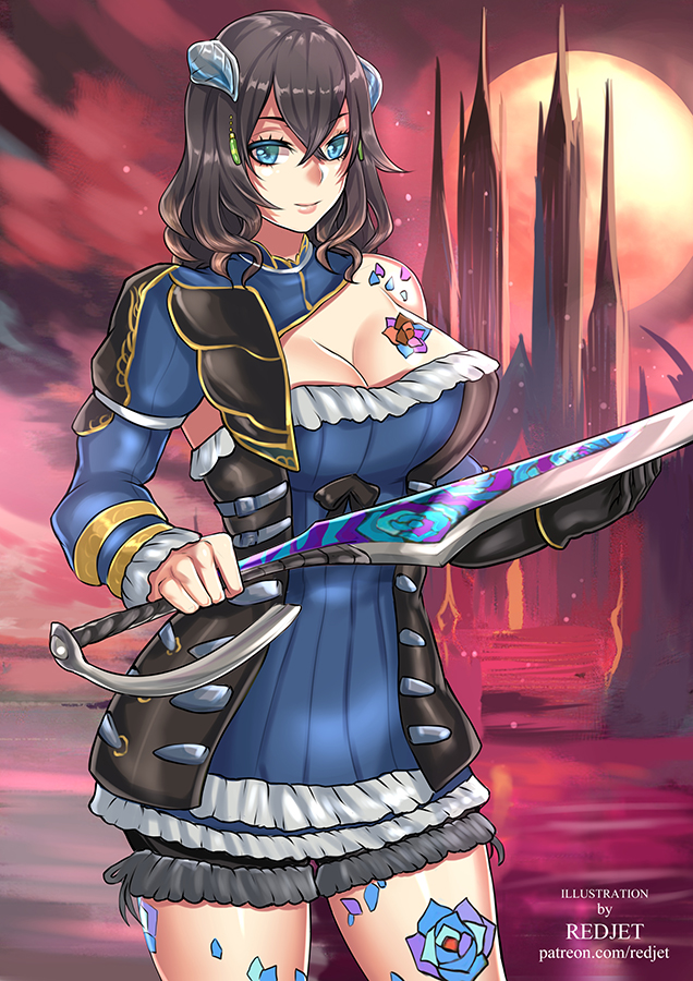 1girl artist_request black_hair bloodstained:_ritual_of_the_night blue_eyes breasts brown_hair detached_sleeves gauntlets gradient_hair hair_between_eyes hair_ornament horns looking_at_viewer miriam_(bloodstained) moon multicolored_hair night pale_skin short_hair simple_background smile solo stained_glass sword tattoo weapon