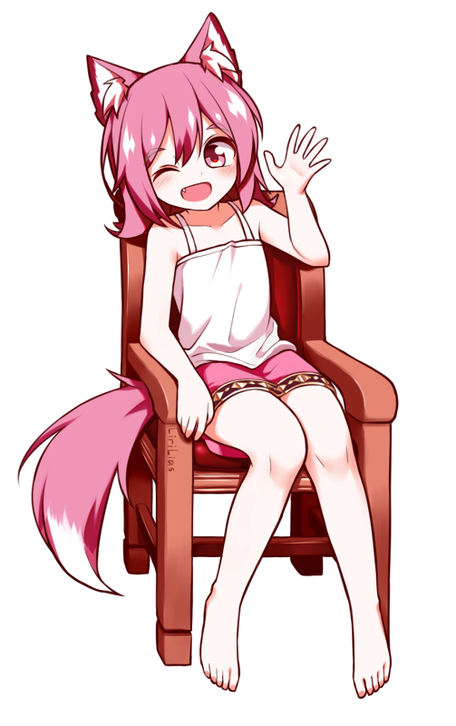 1girl ;d animal_ear_fluff animal_ears barefoot chair fang full_body lirilias one_eye_closed open_mouth original pink_eyes pink_hair short_hair sitting skirt smile tail tank_top