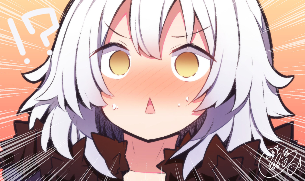 !? 1girl :&lt; bangs beni_shake blush brown_eyes commentary_request emphasis_lines eyebrows_visible_through_hair face fate/grand_order fate_(series) fur-trimmed_jacket fur_trim hair_between_eyes jacket jeanne_d'arc_(alter)_(fate) jeanne_d'arc_(fate)_(all) looking_at_viewer nose_blush parted_lips purple_jacket signature silver_hair sweat triangle_mouth upper_body v-shaped_eyebrows wicked_dragon_witch_ver._shinjuku_1999 yellow_eyes