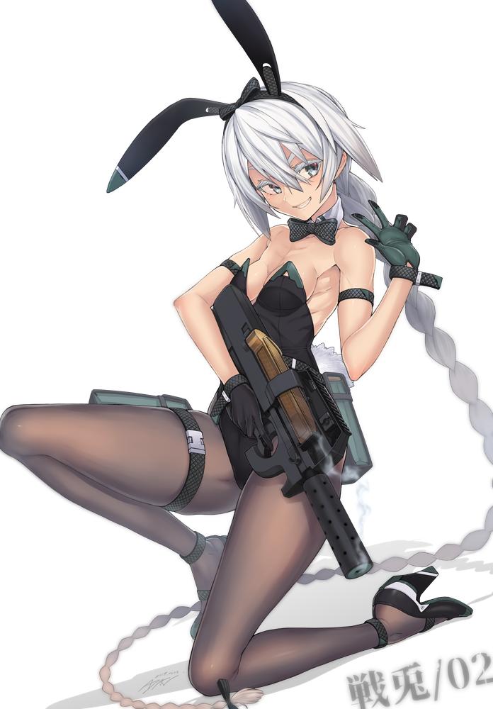 1girl animal_ears ayaki bangs black_footwear black_legwear blush bow bowtie braid breasts bunnysuit full_body gloves grey_eyes grin gun hair_between_eyes high_heels holding holding_gun holding_weapon long_hair one_knee original pantyhose rabbit_ears ribs signature skinny smile smoke solo thighs very_long_hair weapon white_background white_hair