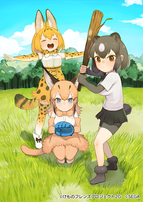 3girls animal_ears bare_shoulders baseball_mitt bear_ears bear_tail belt bike_shorts blonde_hair blue_eyes boots bow bowtie brown_bear_(kemono_friends) brown_eyes brown_hair caracal_(kemono_friends) caracal_ears caracal_tail closed_eyes collared_shirt commentary_request eyebrows_visible_through_hair fur_trim gloves high-waist_skirt kemono_friends kemono_friends3 light_brown_hair logo long_hair multiple_girls official_art outstretched_arms pleated_skirt print_gloves print_neckwear print_skirt serval_(kemono_friends) serval_ears serval_print serval_tail shirt short_hair short_sleeves skirt sleeveless squatting t-shirt tail thigh-highs v-shaped_eyebrows white_hair zettai_ryouiki