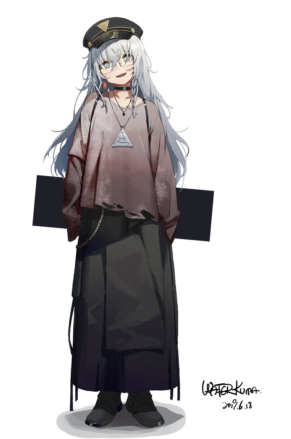 1girl choker copyright_request eyebrows_visible_through_hair full_body grey_eyes grey_hair highres long_hair looking_at_viewer open_mouth smile solo waterkuma