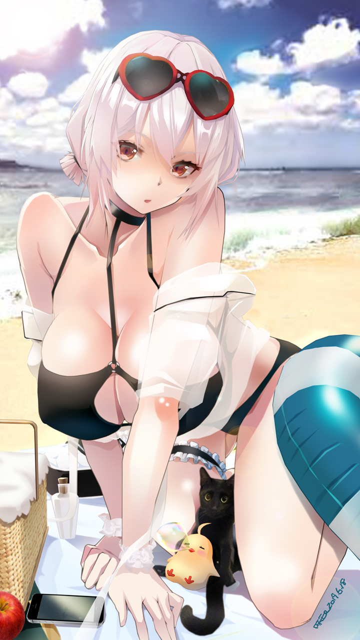 1girl 2others all_fours animal apple azitama_atsushi_(attyuu) azur_lane bare_shoulders beach beach_towel bikini bird black_bikini black_cat blue_sky breasts cat cellphone cleavage_cutout clouds collarbone commentary_request eyewear_on_head food fruit girl highres huge_breasts human innertube leg_garter looking_at_viewer manjuu_(azur_lane) ocean outdoors phone picnic_basket short_hair signature sirius_(azur_lane) sirius_(midsummer_seirios)_(azur_lane) sky sleeping smartphone solo sunglasses swimsuit towel white_hair yellow_eyes