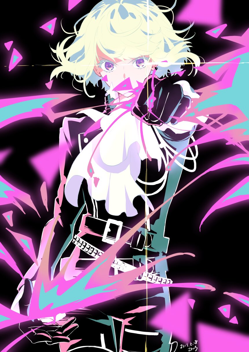 1boy belt black_gloves black_jacket blonde_hair clenched_hand cravat earrings fire gloves highres jacket jewelry lio_fotia male_focus outstretched_hand promare signature solo violet_eyes wand3754