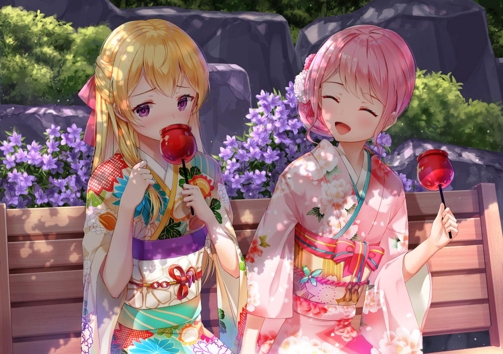 2girls :d ^_^ bang_dream! bangs bench blonde_hair blush bow candy_apple closed_eyes commentary_request covered_mouth day eyebrows_visible_through_hair floral_print flower food furisode hair_bow hair_flower hair_ornament holding holding_food japanese_clothes kimono long_hair long_sleeves lunacle maruyama_aya multiple_girls obi open_mouth outdoors park_bench pink_flower pink_hair pink_kimono print_kimono purple_flower red_bow sash shirasagi_chisato sitting smile violet_eyes white_flower white_kimono wide_sleeves