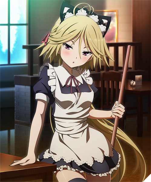 1girl animal_ears apron arm_support artist_request black_legwear blonde_hair blush cat_ears fake_animal_ears hair_between_eyes hair_ribbon indoors long_hair looking_at_viewer maid maid_apron maid_headdress official_art parted_lips ponytail ribbon solo source_request standing thigh-highs trinity_seven very_long_hair violet_eyes yamana_mira