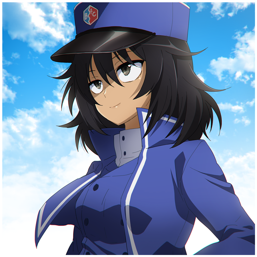 1girl andou_(girls_und_panzer) bangs bc_freedom_(emblem) bc_freedom_military_uniform black_hair blue_headwear blue_jacket blue_sky blue_vest brown_eyes closed_mouth clouds cloudy_sky commentary_request dark_skin day dress_shirt emblem girls_und_panzer hat high_collar jacket long_sleeves looking_to_the_side medium_hair messy_hair military military_hat military_uniform outdoors shako_cap shinaso_(sachi-machi) shirt sky smile solo uniform upper_body vest white_shirt