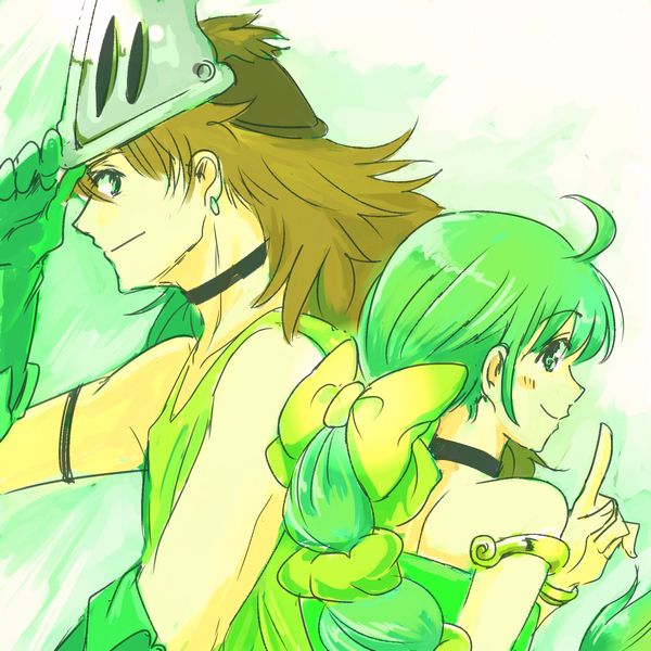 1boy 1girl 72yan bare_shoulders bow braid brown_hair choker closed_mouth commentary_request gloves grandfather_and_granddaughter green_eyes green_hair hair_ribbon jewelry long_hair looking_at_viewer multi-tied_hair ponytail ribbon saga saga_frontier_2 smile very_long_hair virginia_knights william_knights