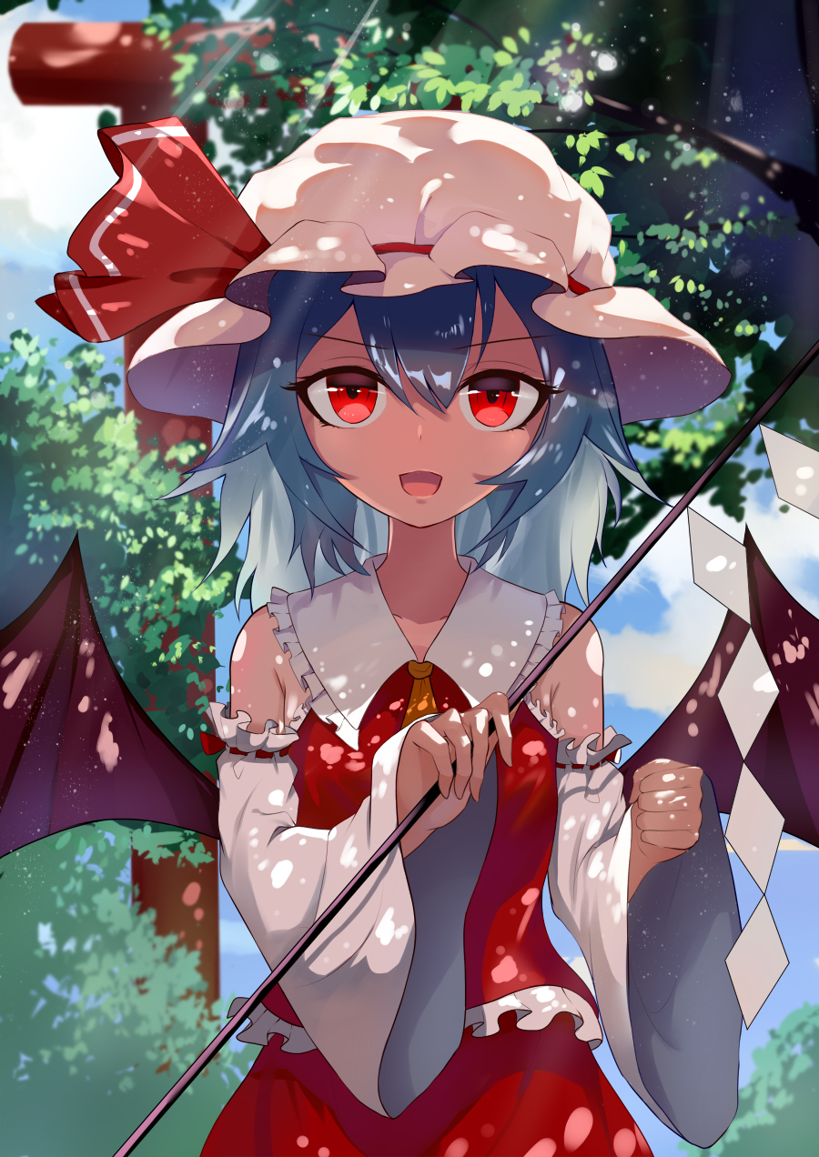 1girl :d ascot bangs bare_shoulders bat_wings blue_hair blue_sky chinese_commentary clenched_hand clouds commentary_request cosplay cowboy_shot day detached_sleeves frilled_shirt_collar frills gohei hair_between_eyes hakurei_reimu hakurei_reimu_(cosplay) hat hat_ribbon highres holding long_sleeves looking_at_viewer mob_cap open_mouth outdoors red_eyes red_ribbon red_skirt remilia_scarlet ribbon ribbon-trimmed_sleeves ribbon_trim short_hair skirt skirt_set sky smile snozaki solo touhou tree white_headwear wide_sleeves wings yellow_neckwear