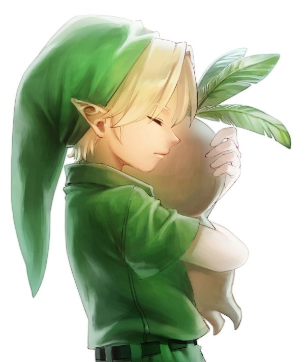 2boys belt blonde_hair carrying closed_eyes commentary_request deku_butler's_son deku_scrub from_side green_headwear green_tunic hug leaf link male_focus multiple_boys phrygian_cap pointy_ears profile short_sleeves simple_background the_legend_of_zelda the_legend_of_zelda:_majora's_mask tonykun tunic upper_body white_background young_link