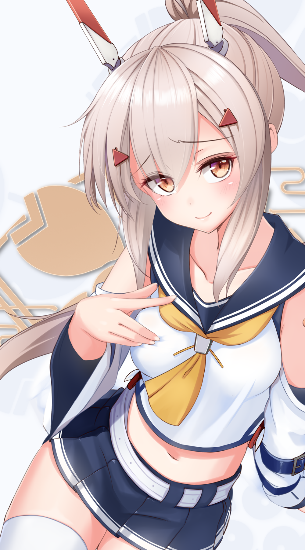 1girl ayanami_(azur_lane) azur_lane bare_shoulders belt blue_sailor_collar blue_skirt breasts brown_hair closed_mouth collarbone commentary_request crop_top detached_sleeves hair_ornament highres long_hair long_sleeves looking_at_viewer midriff miniskirt navel neckerchief pleated_skirt ponytail red_eyes remodel_(azur_lane) risemu_(c_liesem) sailor_collar shirt sidelocks skirt small_breasts smile solo thigh-highs very_long_hair white_legwear white_shirt wide_sleeves zettai_ryouiki