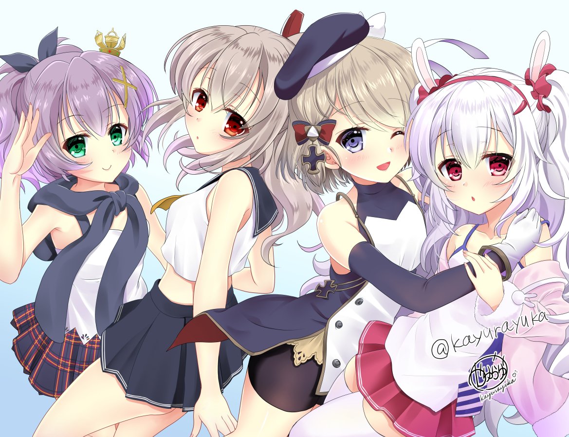 4girls arm_up artist_name ayanami_(azur_lane) ayanami_(kantai_collection) azur_lane beret bike_shorts blonde_hair blue_eyes blush checkered checkered_skirt commentary_request crown elbow_gloves eyebrows_visible_through_hair gloves green_eyes hair_between_eyes hair_ornament hairclip hand_on_another's_shoulder hat javelin_(warship_girls_r) kayura_yuka looking_at_viewer mini_crown multiple_girls neckerchief one_eye_closed open_mouth purple_hair red_eyes sailor_collar short_hair short_ponytail signature skirt sleeveless smile thigh-highs twintails white_hair white_legwear white_serafuku yellow_neckwear z23_(azur_lane) zettai_ryouiki