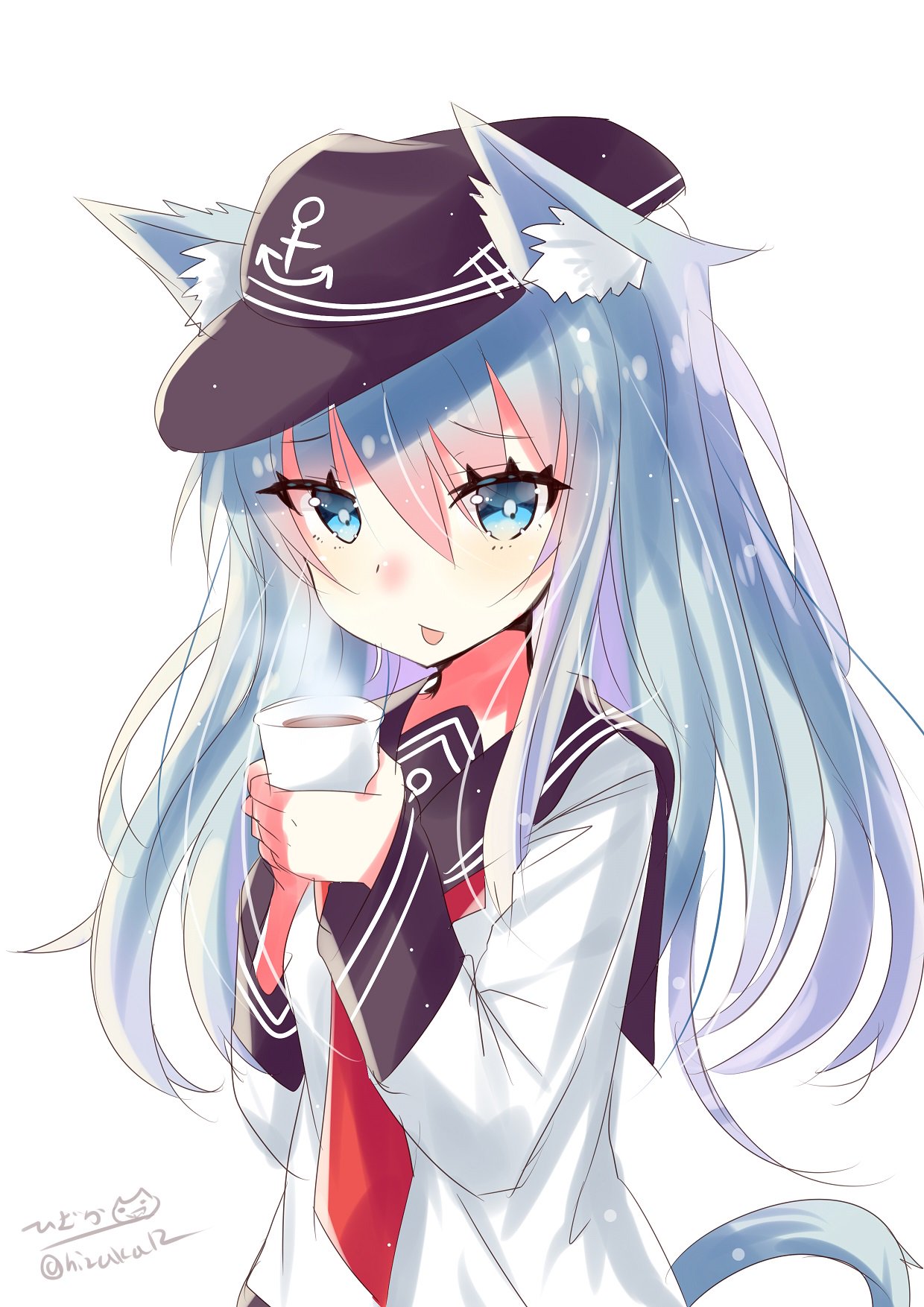 1girl animal_ears black_skirt blue_eyes cat_ears cat_tail coffee cup eyebrows_visible_through_hair flat_cap hair_between_eyes hat hibiki_(kantai_collection) highres hizaka kantai_collection long_hair long_sleeves neckerchief open_mouth sailor_collar school_uniform silver_hair simple_background skirt solo tail white_background