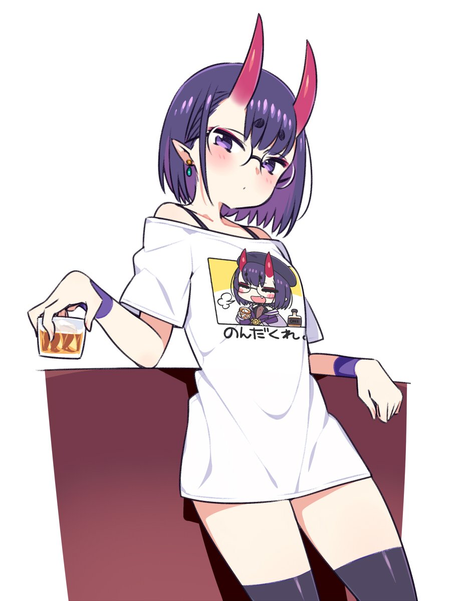 =3 alcohol beret black_legwear blush chan_co closed_eyes commentary_request cowboy_shot cup earrings fang fate/grand_order fate_(series) glasses hat highres holding holding_cup hood hoodie horns ice jewelry leaning_on_object looking_at_viewer oni open_mouth purple_hair shirt short_hair shuten_douji_(fate/grand_order) t-shirt thigh-highs violet_eyes white_background white_shirt wristband