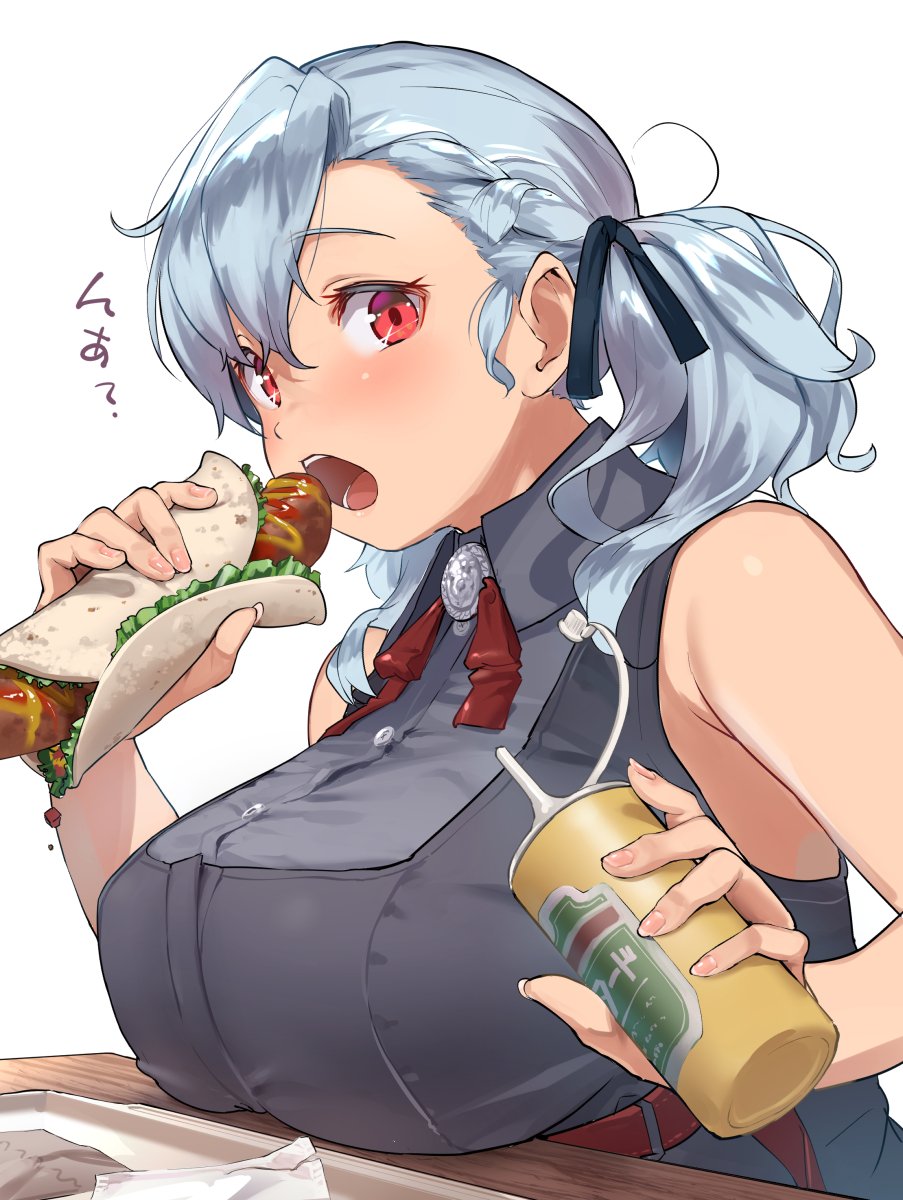 1girl bangs bare_shoulders belt blush breasts cup drinking_straw eating eyebrows_visible_through_hair fingernails food girls_frontline hair_ribbon highres holding holding_food large_breasts long_hair looking_at_viewer napkin open_mouth red_eyes ribbon satsuki_neko silver_hair solo spas-12_(girls_frontline) table tray twintails upper_body white_background