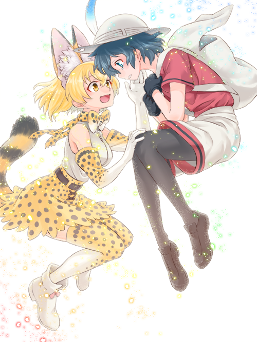 2girls animal_ears animal_print bag bangs belt black_footwear black_gloves black_hair blonde_hair blue_eyes bow bowtie elbow_gloves gloves hat inukoro_(spa) kaban_(kemono_friends) kemono_friends leopard_print looking_at_another multiple_girls open_mouth pantyhose ribbon serval_(kemono_friends) shirt_tucked_in short_hair short_sleeves shorts skirt smile tail tears thigh-highs thighs tongue white_background white_footwear yellow_eyes