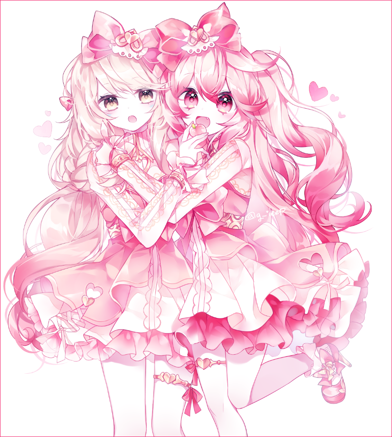 blush dress elsword eve_(elsword) eyebrows_visible_through_hair fang fang_out feeding g_ieep heart hug idol laby_(elsword) pink_dress ribbon smile