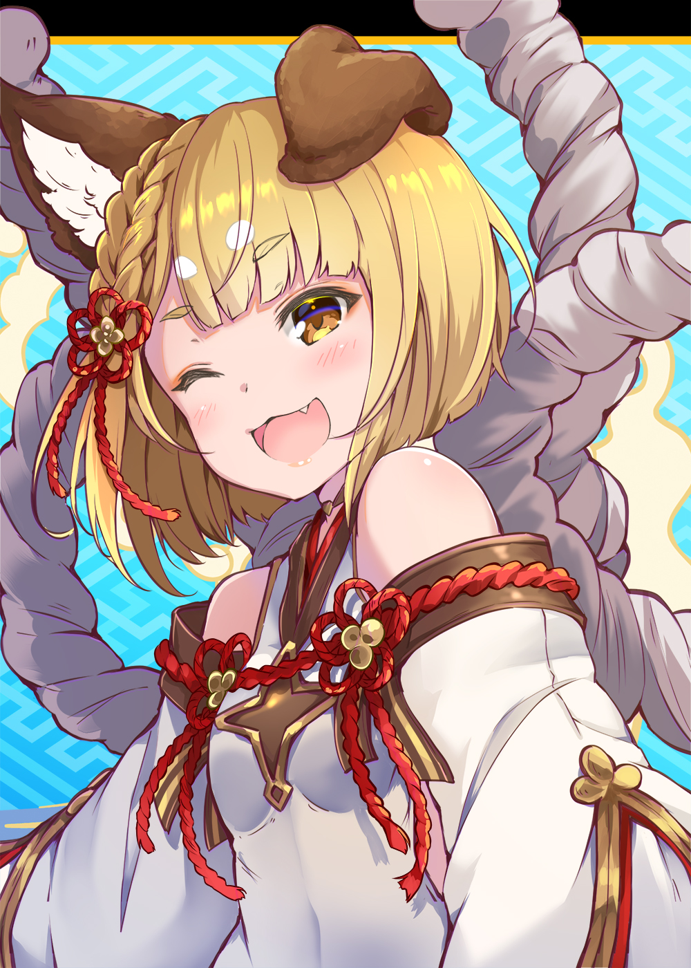 1girl ;d animal_ear_fluff animal_ears bangs blonde_hair blue_background blush braid brown_eyes commentary_request detached_sleeves dog_ears dress erune eyebrows_visible_through_hair fang granblue_fantasy hair_ornament highres long_sleeves looking_at_viewer one_eye_closed open_mouth pilokey short_hair sleeveless sleeveless_dress smile solo thick_eyebrows upper_body vajra_(granblue_fantasy) white_dress white_sleeves