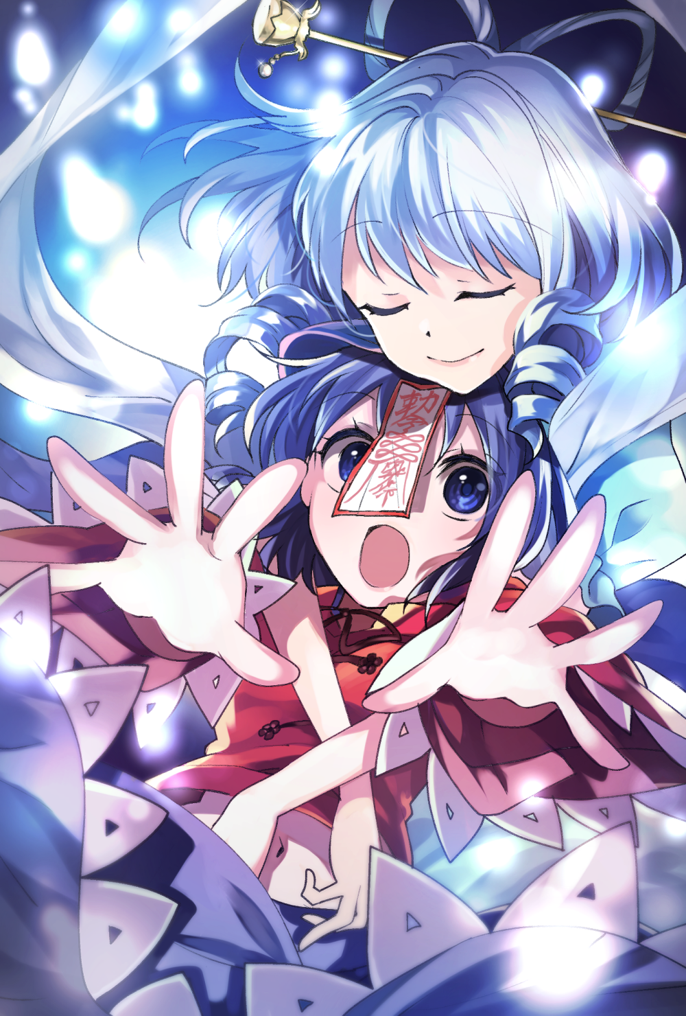 2girls bangs blue_dress blue_eyes blue_hair blue_skirt commentary_request danmaku dress drill_hair drill_locks eyebrows_visible_through_hair frills hair_ornament hair_rings hair_stick highres hug hug_from_behind jiangshi kaku_seiga katayama_kei looking_at_viewer midriff miyako_yoshika multiple_girls navel ofuda open_mouth outstretched_arms puffy_short_sleeves puffy_sleeves red_shirt shirt short_hair short_sleeves skirt smile touhou upper_body veil zombie_pose