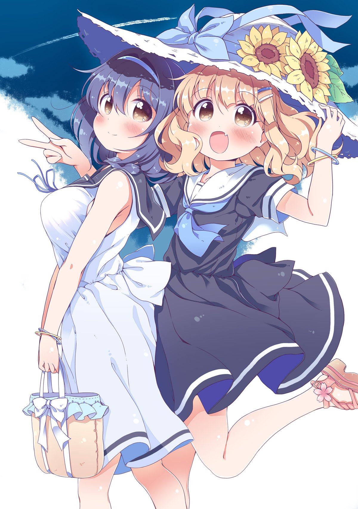 2girls arm_up blonde_hair blue_bow blue_hair blue_neckwear blue_ribbon blush bow bracelet breasts brown_eyes eyebrows_visible_through_hair flower furutani_himawari hair_ornament hairband hairclip hat hat_bow hat_flower hat_ribbon highres jewelry large_breasts looking_at_viewer multiple_girls neckerchief oomuro_sakurako open_mouth ribbon sailor_collar sandals short_hair smile sun_hat sunflower takahero v yuru_yuri