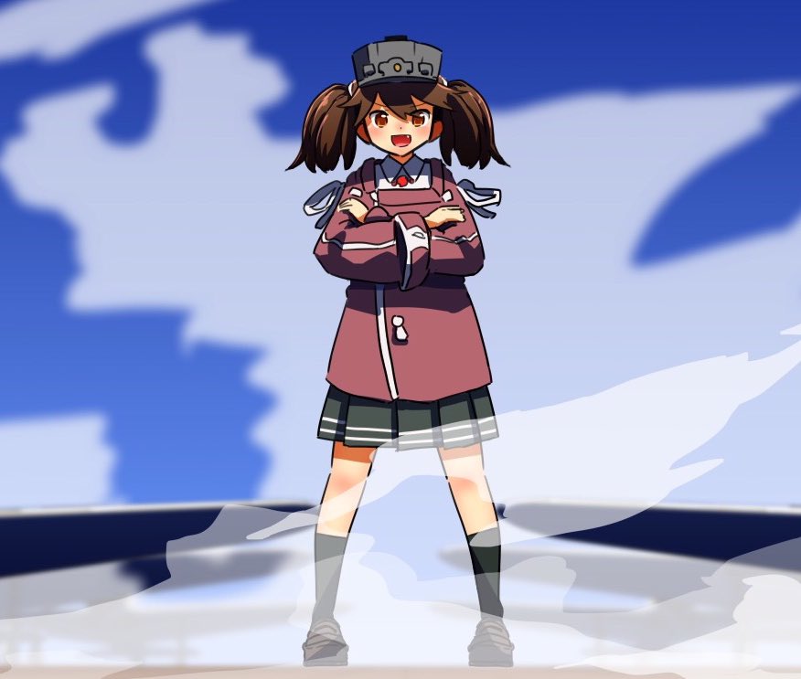 1girl black_skirt blue_sky brown_eyes brown_hair clouds commentary_request crossed_arms fang full_body gunbuster_pose japanese_clothes kantai_collection kariginu long_hair long_sleeves looking_at_viewer namakura_neo open_mouth pleated_skirt ryuujou_(kantai_collection) skirt sky smile smoke solo twintails visor_cap