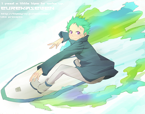 eureka eureka_7 eureka_seven eureka_seven_(series) green_hair hover_board purple_eyes short_hair solo surf surfing violet_eyes