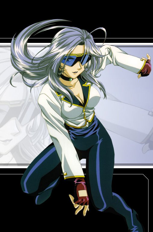 artist_request belt breasts burn-up burn-up_excess choker cleavage fingerless_gloves glasses gloves grey_hair long_hair ruby shiny shiny_clothes smile solo sunglasses tight_pants tight_shirt visor