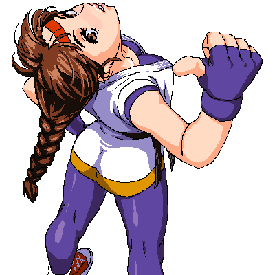 art_of_fighting brown_eyes brown_hair dougi headband king_of_fighters lowres oekaki ponytail ryuuko_no_ken sakazaki_yuri sash shoes single_braid snk socks spandex standing thumbs_up ug yuri_sakazaki