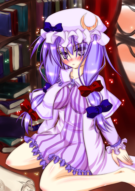 book breasts hat huge_breasts large_breasts long_hair null_(pixiv18004) patchouli_knowledge purple_hair ribbon ribbons touhou