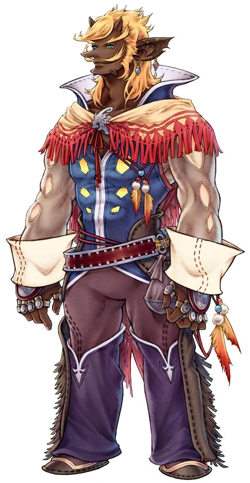bison cid_(ffta2) dark_skin facial_hair feathers final_fantasy final_fantasy_tactics_a2 final_fantasy_tactics_advance final_fantasy_tactics_advance_2 horns ito_ryoma jewelry long_nose mustache ring solo standing