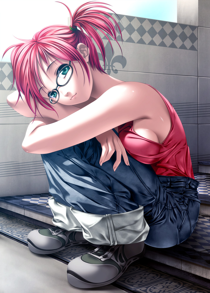 breast_press breasts glasses jeans pink_hair rezi shoes side_ponytail sideboob sitting sneakers solo under_boob