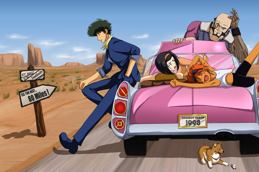 beard bike_shorts black_hair blush_stickers car cigarette cowboy_bebop desert dog edward_wong_hau_pepelu_tivrusky_iv ein ein_(cowboy_bebop) facial_hair faye_valentine hairband jet_black midriff motor_vehicle red_hair redhead short_hair spike_spiegel vehicle