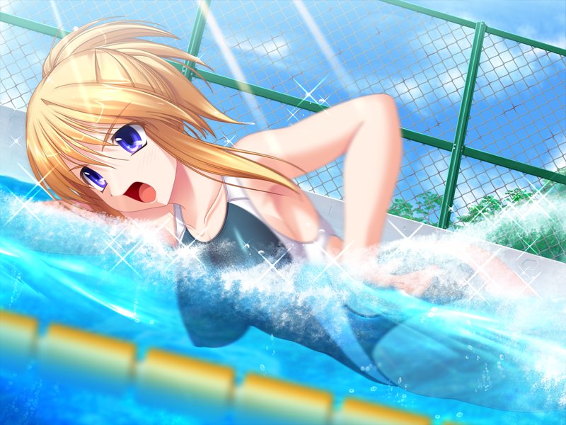 blonde_hair blue_eyes breasts brown_hair chainlink_fence cloud clouds collarbone competition_swimsuit dutch_angle erect_nipples fence game_cg lane_line large_breasts motion_blur one-piece_swimsuit open_mouth outdoors ponytail pool sky sparkle splash suisui_-sweetheart_swimmer- sunbeam sunlight swimming swimsuit uchiki_medaka underwater water waves