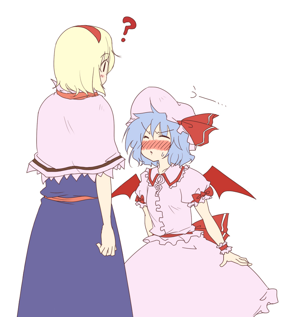 ? alice_margatroid bat_wings blonde_hair blue_hair blush closed_eyes flat_color hat height_difference kiss_attempt lysander_z multiple_girls raisandaa_z remilia_scarlet touhou wings
