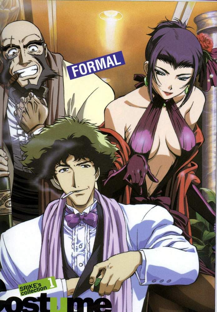 beard bowtie breasts casino cigar cigarette cowboy_bebop dress elbow_gloves facial_hair faye_valentine flower formal gloves jet_black liquor poker poker_chip purple_hair rose roses scan scarf spike_spiegel suit wine