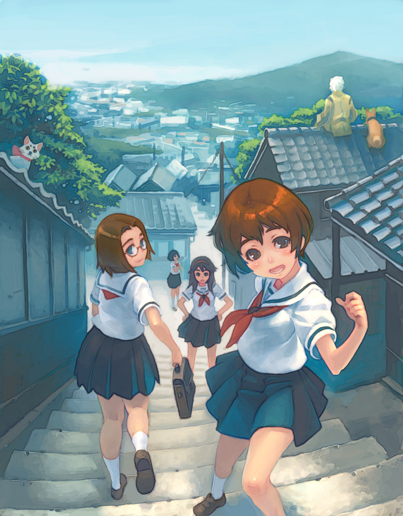 brown_hair glasses hitotsubashi_tama hitotsubashi_yurie kamichu kamichu! saegusa_matsuri school_uniform shijou_mitsue short_hair stairs weno