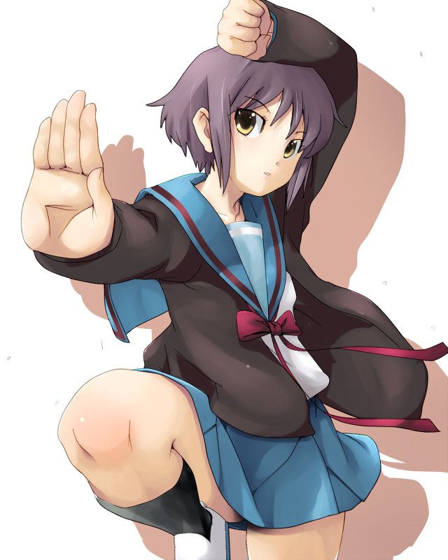 fighting_stance foreshortening hands knucklecurve nagato_yuki purple_hair school_uniform short_hair stance suzumiya_haruhi_no_yuuutsu