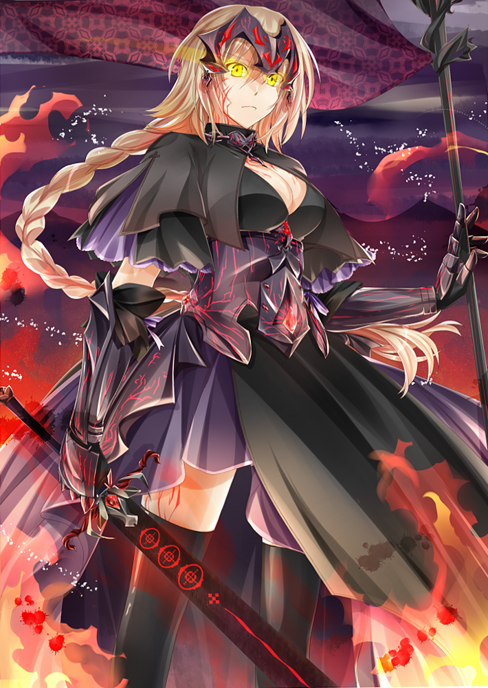 1girl armor blonde_hair braid breasts capelet cleavage dark_persona dress fate/apocrypha fate_(series) flag gauntlets headpiece jeanne_alter kurose_nao long_hair ruler_(fate/apocrypha) single_braid solo sword thigh-highs weapon yellow_eyes