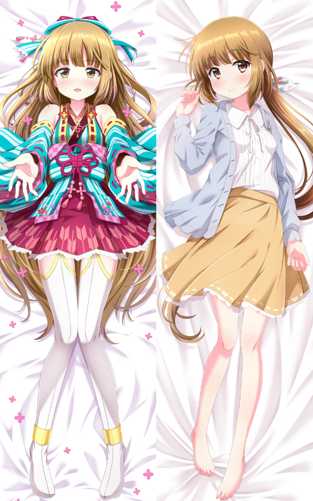 1girl :d ayase_midori bangs bare_shoulders barefoot bed_sheet blue_bow blue_jacket blue_kimono blue_sleeves blush bow breasts brown_eyes brown_hair brown_skirt closed_mouth collared_shirt commentary_request dakimakura detached_sleeves eyebrows_visible_through_hair flower hair_bow hair_ribbon hand_up idolmaster idolmaster_cinderella_girls jacket japanese_clothes kimono long_hair long_sleeves looking_at_viewer multiple_views neck_ribbon no_shoes nose_blush open_clothes open_jacket open_mouth outstretched_arms pink_flower red_skirt ribbon ribbon-trimmed_sleeves ribbon_trim shirt skirt sleeveless sleeveless_kimono sleeves_past_wrists small_breasts smile striped striped_bow thigh-highs vertical-striped_kimono vertical_stripes very_long_hair white_legwear white_ribbon white_shirt wide_sleeves yorita_yoshino