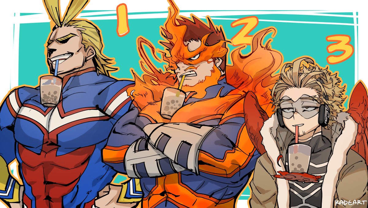 abs all_might beard blonde_hair boku_no_hero_academia brown_eyes bursting_pecs chest coat crossed_arms cup drink drinking_straw facial_hair feathered_wings feathers fire fur_collar goggles goggles_on_eyes hand_on_hip hawks_(boku_no_hero_academia) headphones kadeart long_sleeves looking_away male_focus multicolored_hair multiple_boys muscle mustache pectorals red_wings redhead simple_background skin_tight smile spiky_hair teeth todoroki_enji two-tone_hair wings winter_clothes winter_coat