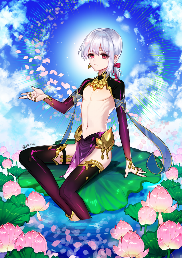 1boy asymmetrical_bangs bangs bare_chest bare_shoulders chest child earrings fate/grand_order fate_(series) flower genderswap genderswap_(ftm) jewelry kama_(fate/grand_order) lily_pad long_hair looking_at_viewer lotus low-tied_long_hair male_focus no_nipples outstretched_arm pelvic_curtain pin1004 red_eyes shrug_(clothing) sitting solo thigh-highs twitter_username water