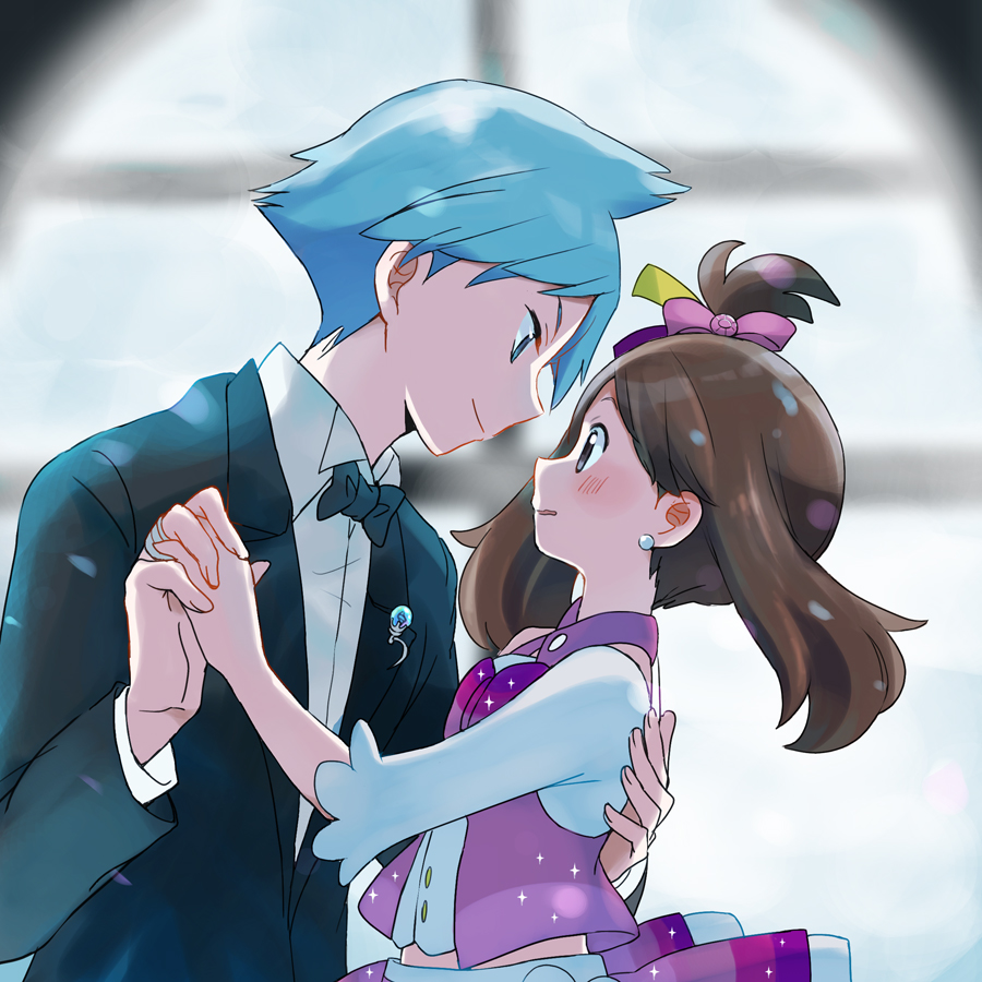 1boy 1girl black_jacket black_neckwear blue_eyes blue_hair bow brown_eyes brown_hair collared_shirt earrings eye_contact floating_hair from_side hair_bow hair_ribbon haruka_(pokemon) holding_hands interlocked_fingers jacket jewelry long_hair long_sleeves looking_at_another one_side_up pink_bow pokemon pokemon_(game) pokemon_rse popcorn_91 purple_ribbon ribbon shirt tsuwabuki_daigo upper_body white_shirt wing_collar yellow_ribbon