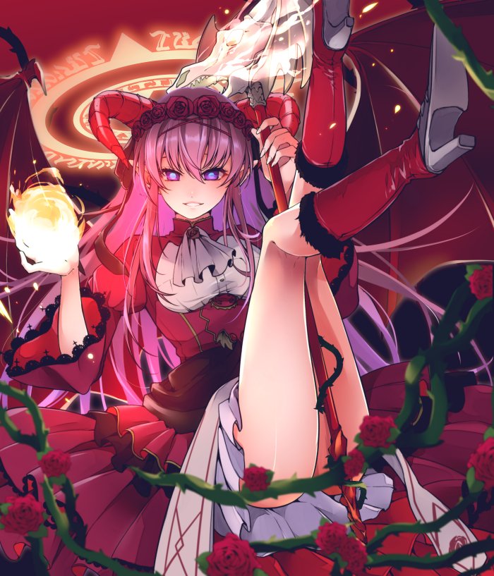 1girl ataka_takeru between_legs boots demon_wings dress floating_hair flower fortune_tellers_academy grey_neckwear grin hair_between_eyes hair_flower hair_ornament head_wreath high_heel_boots high_heels holding holding_staff horns knee_boots layered_dress long_hair long_sleeves looking_at_viewer magic magic_circle pink_hair pleated_dress pointy_ears red_dress red_flower red_footwear red_rose red_wings rose shiny shiny_hair smile solo staff very_long_hair violet_eyes wings