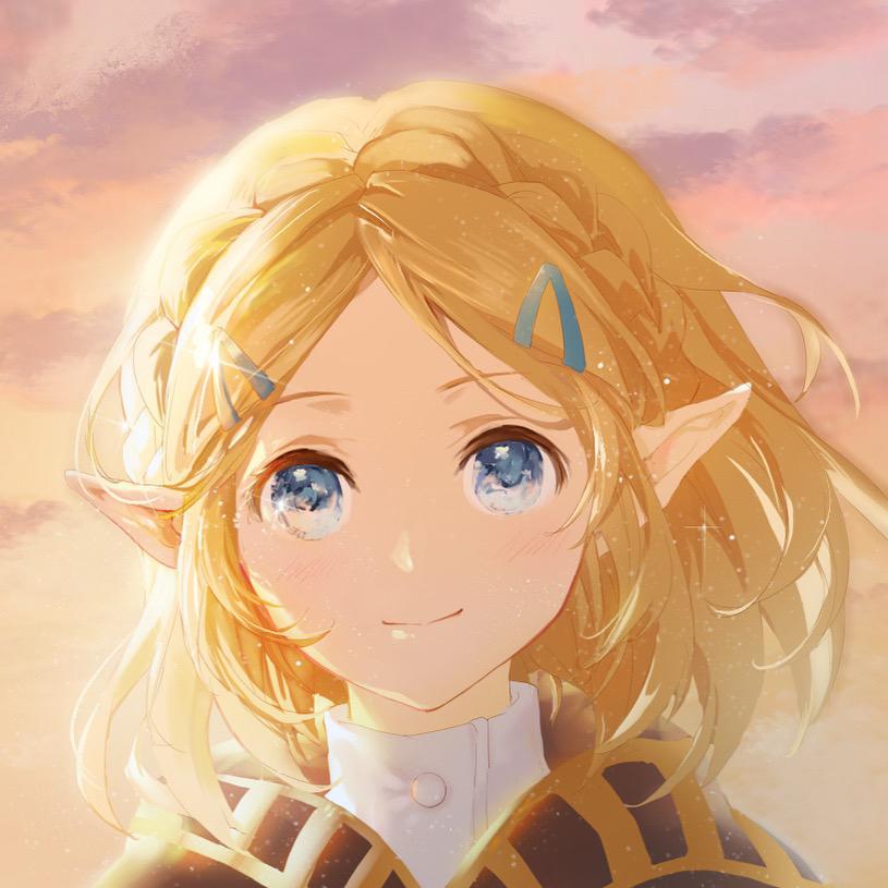 1girl blonde_hair blue_eyes blush braid cape clouds commentary hair_ornament hairclip hood hood_down hooded_cape light_particles looking_at_viewer outdoors pointy_ears portrait princess_zelda shangguan_feiying shirt short_hair smile solo sparkle sunset the_legend_of_zelda the_legend_of_zelda:_breath_of_the_wild the_legend_of_zelda:_breath_of_the_wild_2 white_shirt