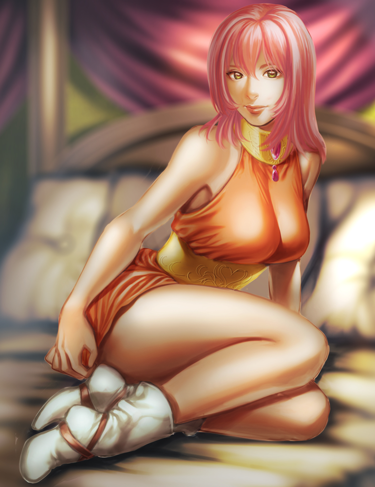 1girl breasts closed_mouth commentary dress final_fantasy final_fantasy_v green_eyes lenna_charlotte_tycoon looking_at_viewer medium_hair non_(nonbiriya_mini) orange_shirt pink_hair shirt solo